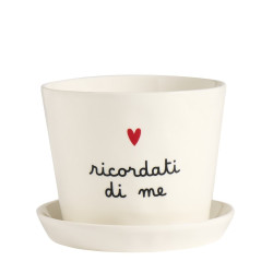 Vaso bianco "Ricordati di me" gres porcellanato d15x12cm, Simple day, con sottovaso