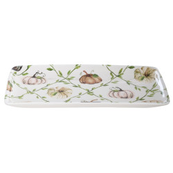 Vassoio rettangolare in ceramica con decoro di zucche e tralci di foglie (36x19 cm), Blanc Mariclò