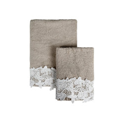 Coppia Spugna Beige Viso + Ospite con Bordo in Pizzo, Blanc Mariclò