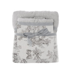 Coppia spugna grigio chiaro con bordo Toile di Jouy, Blanc Mariclò, 100% cotone
