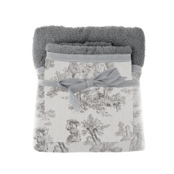 Coppia spugna grigio scuro con bordo Toile di Jouy, Blanc Mariclò, 100% cotone