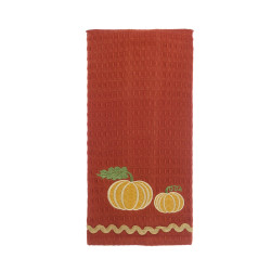 Canovaccio da Cucina a Nido d'Ape Rosso Terracotta con Zucche Ocra e Passamaneria (50x70 cm), Blanc Mariclò