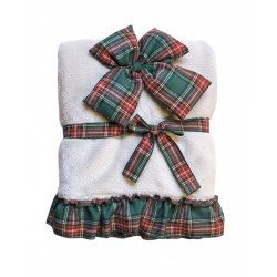 Plaid Natalizio beige con volant e fiocco tartan verde 140x170 cm, Blanc Mariclò