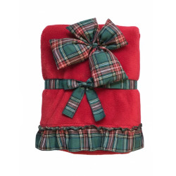 Plaid Natalizio rosso con volant e fiocco tartan verde 140x170 cm, Blanc Mariclò