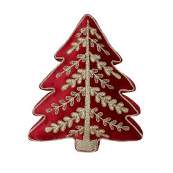 Cuscino Sagomato ad Albero di Natale Rosso con Ricami Dorati 32x42 cm, Blanc Mariclò