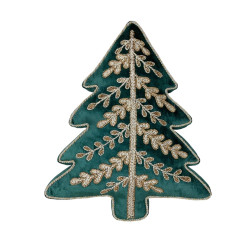 Cuscino Sagomato ad Albero di Natale Verde Bosco con Ricami Dorati 32x42 cm, Blanc Mariclò