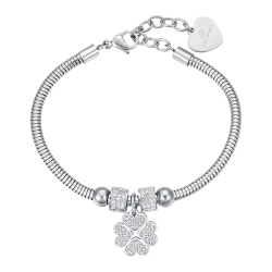 Bracciale in acciaio con quadrifoglio e cristalli bianchi
