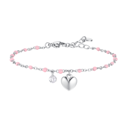 Bracciale donna in acciaio con cuore, cristallo e pietre con smalto rosa di Luca Barra