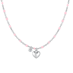 Collana donna in acciaio con cuore, cristallo e pietre con smalto rosa di Luca Barra