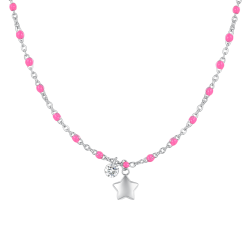Collana donna in acciaio con stella, cristallo e pietre con smalto fuxia di Luca Barra