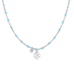 Collana donna in acciaio con quadrifoglio, cristallo e pietre con smalto turchese di Luca Barra
