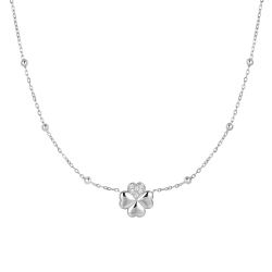 Collana in acciaio con quadrifoglio e punti luce bianchi