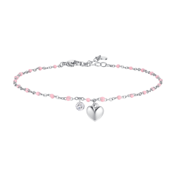Cavigliera donna in acciaio con cuore, cristallo e pietre con smalto rosa di Luca Barra