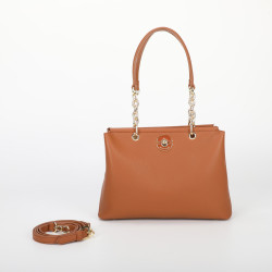 Borsa a spalla con chiusura verniciata color cuoio, di Mimi Mua